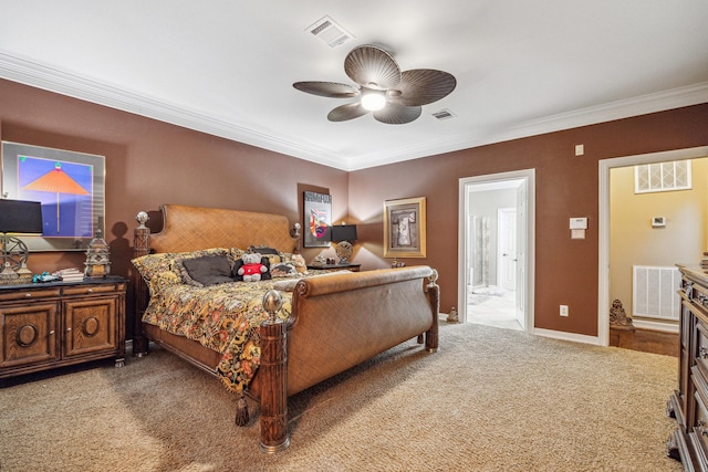 bedroom with ceiling fan, ornamental molding, carpet floors, and ensuite bath