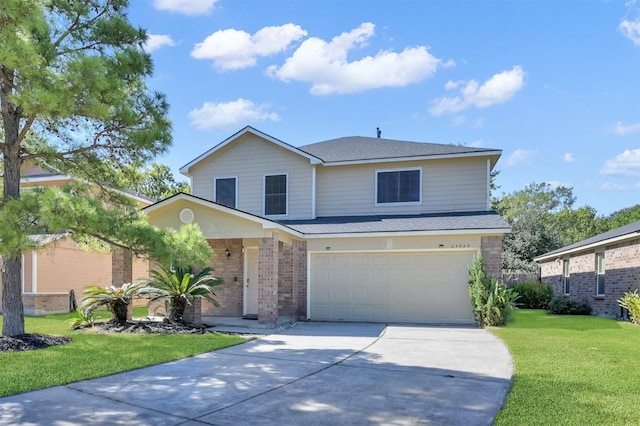 front facade featuring a garage and a front yard