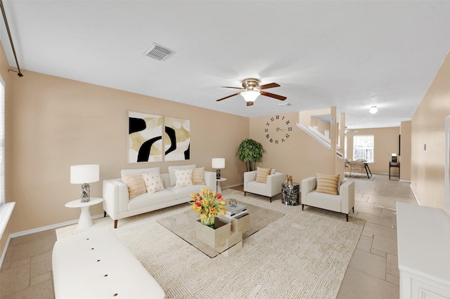 living room with ceiling fan