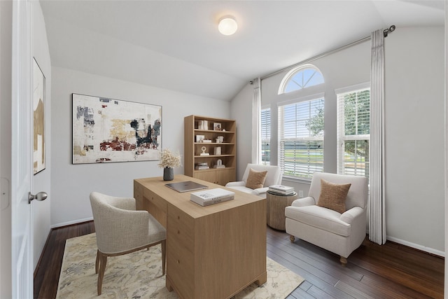 home office featuring dark hardwood / wood-style flooring and vaulted ceiling