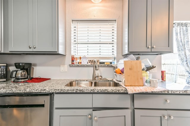 kitchen featuring a healthy amount of sunlight, dishwasher, sink, and gray cabinetry