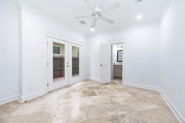 spare room featuring french doors, ceiling fan, and crown molding