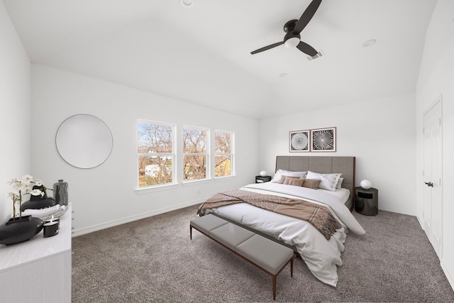 carpeted bedroom featuring vaulted ceiling and ceiling fan