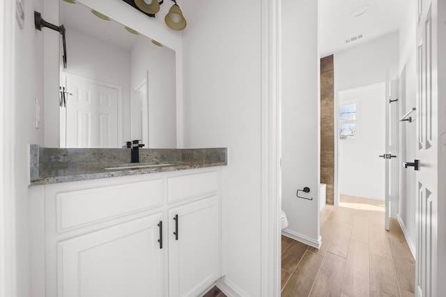 bathroom featuring wood-type flooring, toilet, vanity, and a shower