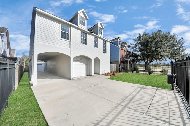 view of property exterior with a carport, a garage, and a yard