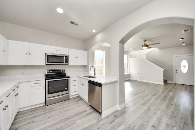 kitchen featuring white cabinetry, sink, stainless steel appliances, and light hardwood / wood-style floors