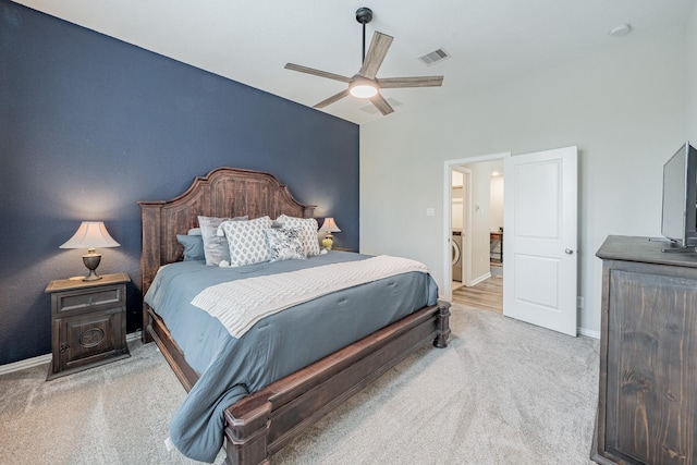 carpeted bedroom with ceiling fan