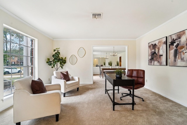 interior space with crown molding, a healthy amount of sunlight, and an inviting chandelier