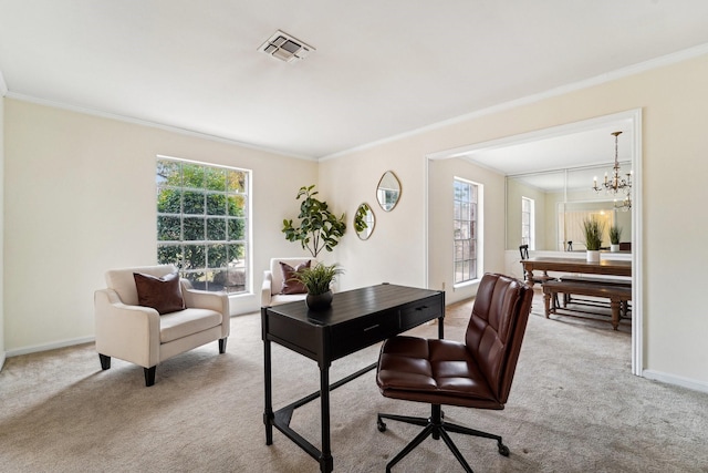 office area featuring crown molding, light carpet, and a chandelier