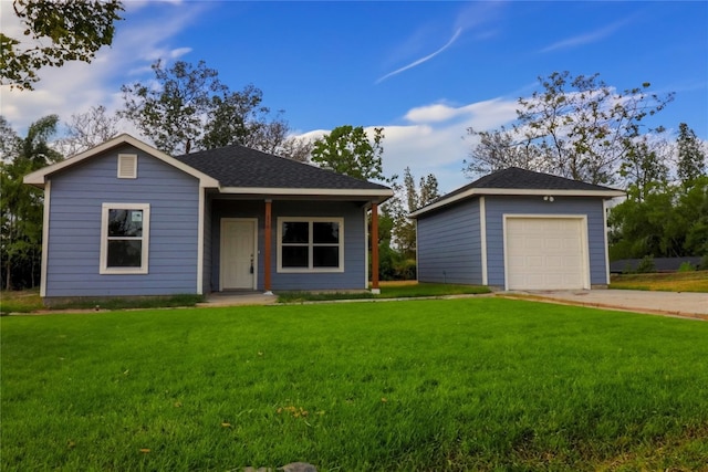 single story home featuring driveway, a front lawn, roof with shingles, and a detached garage