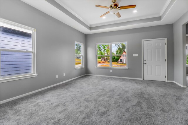 spare room featuring crown molding, a tray ceiling, ceiling fan, and carpet flooring