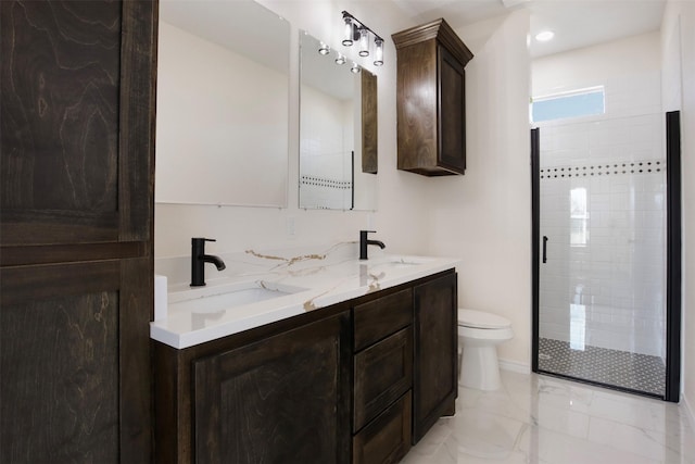 bathroom with vanity, a shower with door, and toilet