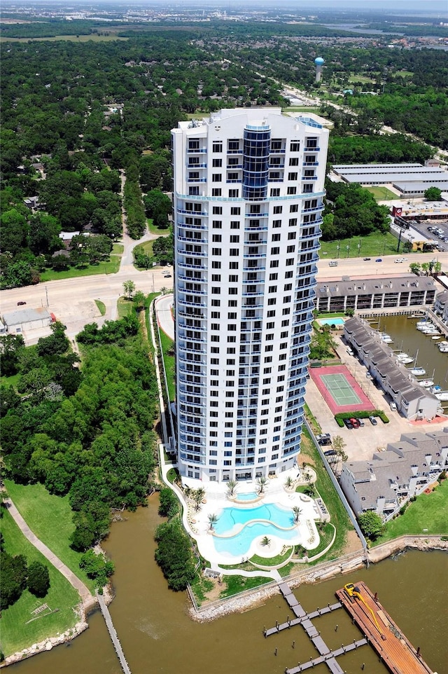 aerial view featuring a water view