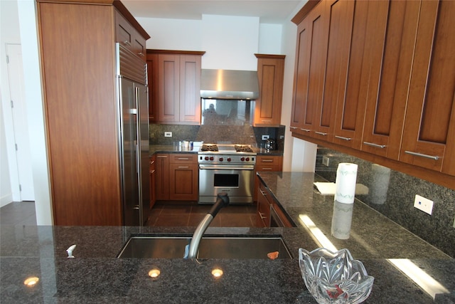 kitchen with sink, high end appliances, ventilation hood, dark stone counters, and decorative backsplash