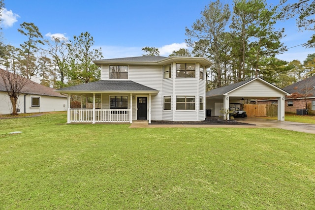 view of front of house featuring central AC, a front lawn, a carport, and a porch