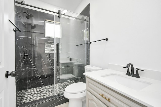 bathroom with vanity, toilet, and walk in shower