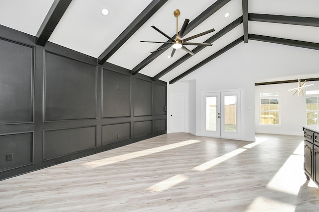 unfurnished living room with french doors, high vaulted ceiling, light wood-type flooring, beamed ceiling, and ceiling fan