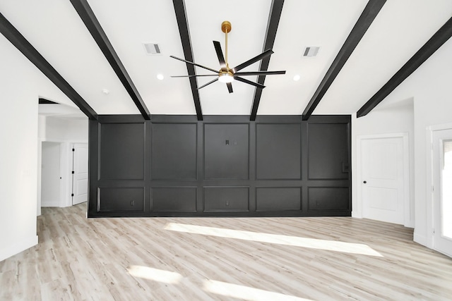 unfurnished living room featuring lofted ceiling with beams, ceiling fan, and light hardwood / wood-style floors