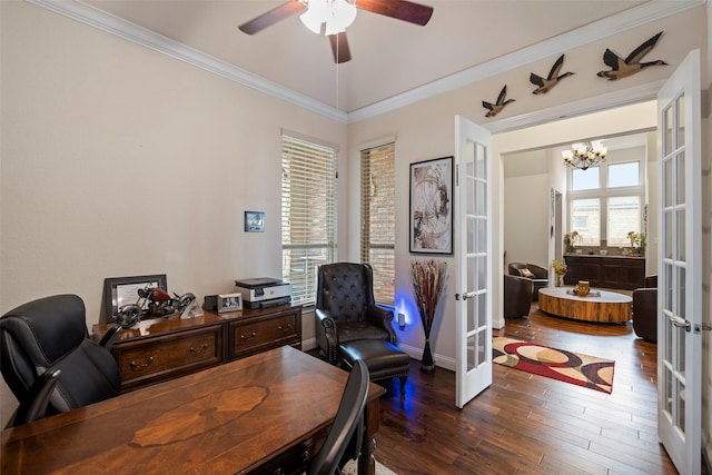 office space featuring ornamental molding, ceiling fan with notable chandelier, hardwood / wood-style floors, and french doors