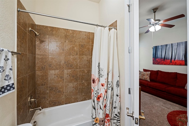 bathroom with shower / bath combination with curtain and ceiling fan