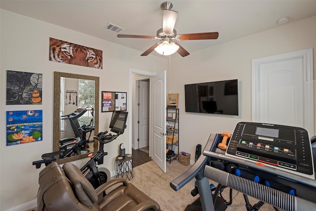 workout area featuring ceiling fan and carpet