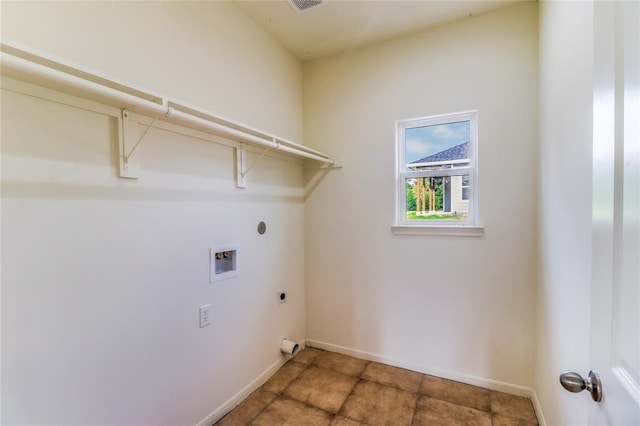 laundry room with laundry area, baseboards, visible vents, hookup for an electric dryer, and washer hookup