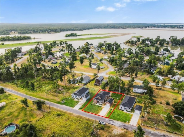 aerial view featuring a water view and a residential view