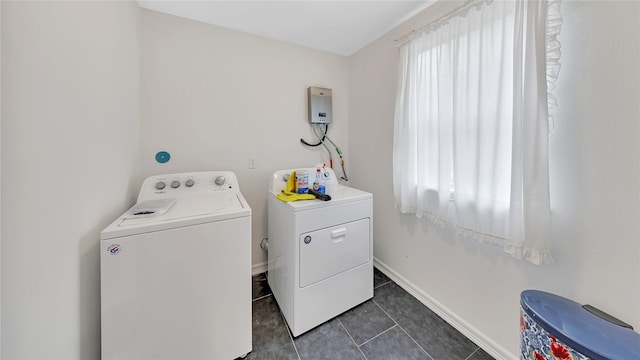 laundry area with washer and clothes dryer and dark tile patterned floors