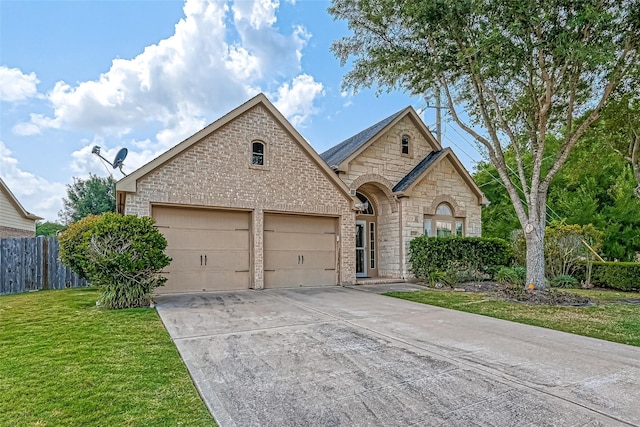 view of front of house with a garage and a front lawn