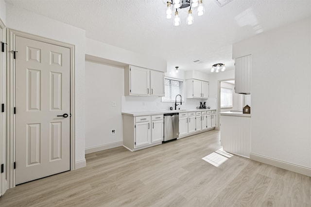 kitchen with white cabinetry, dishwasher, sink, and light hardwood / wood-style floors