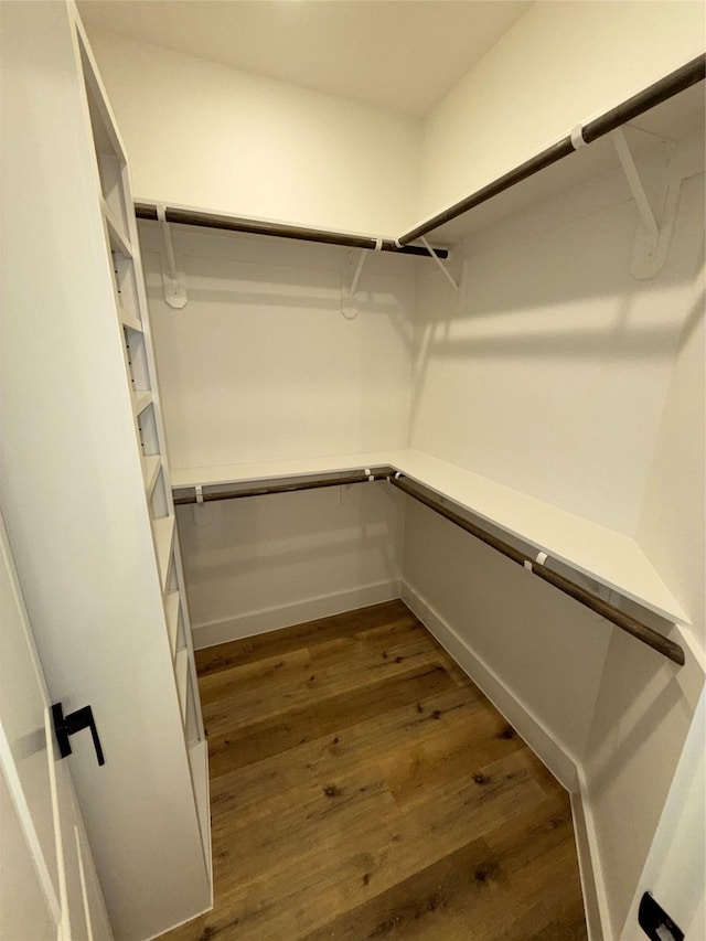 walk in closet with dark wood-type flooring