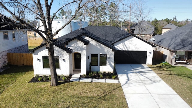 view of front of property with a garage and a front lawn