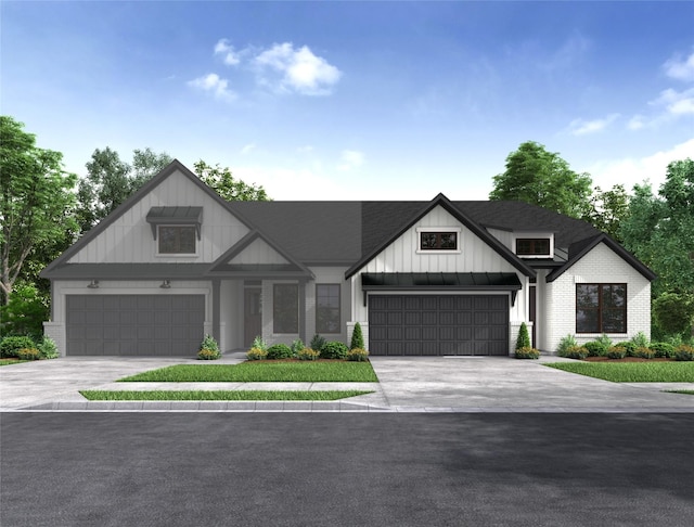 modern farmhouse with driveway, a shingled roof, board and batten siding, and brick siding