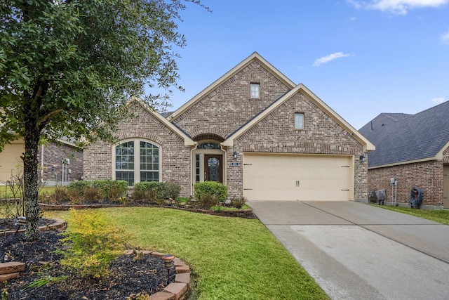 view of front of home with a garage and a front lawn