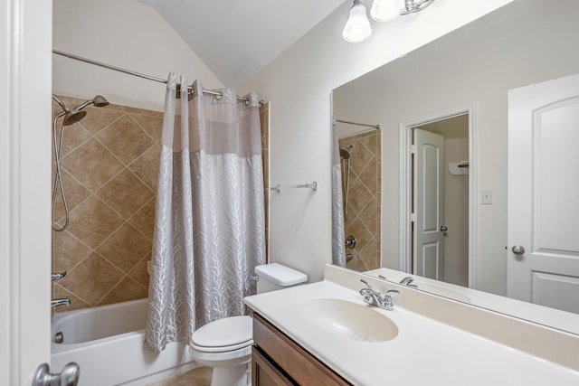 full bathroom with shower / tub combo, vanity, vaulted ceiling, and toilet