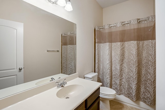 full bathroom featuring tile patterned flooring, vanity, toilet, and shower / tub combo with curtain