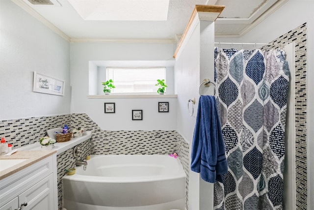 bathroom featuring vanity, plus walk in shower, ornamental molding, and decorative backsplash