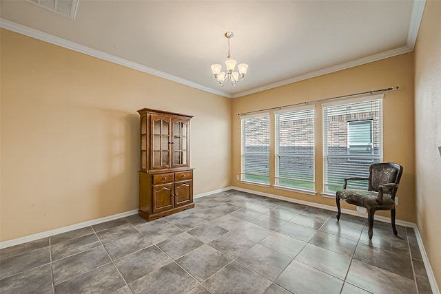 sitting room featuring tile patterned flooring, ornamental molding, and an inviting chandelier