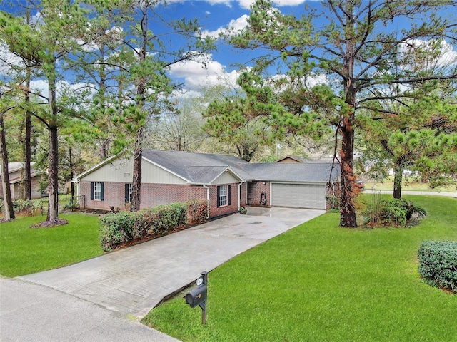 single story home featuring a garage and a front lawn