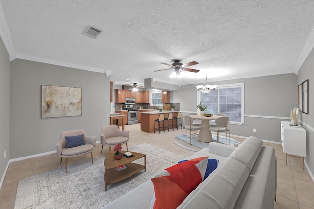 living room featuring ornamental molding, a textured ceiling, and light tile patterned flooring