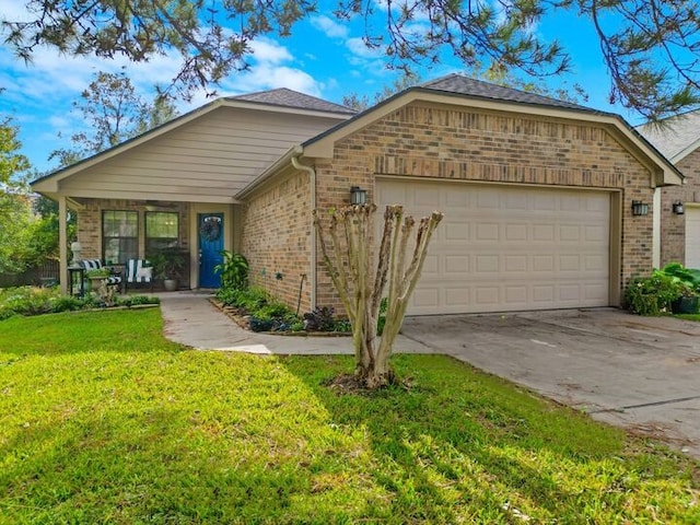 ranch-style house featuring a garage and a front yard