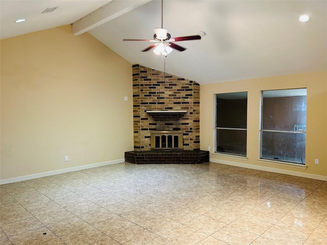 unfurnished living room with beam ceiling, a fireplace, high vaulted ceiling, and ceiling fan