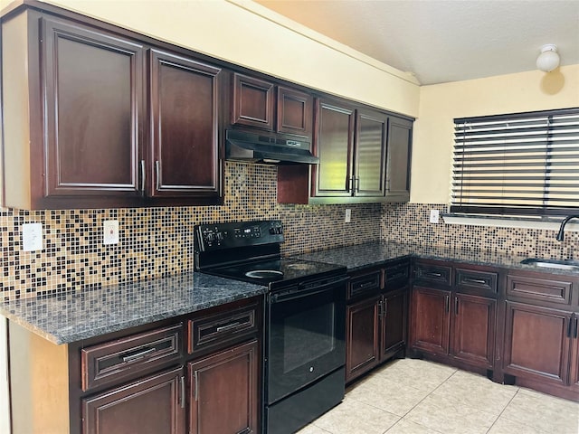 kitchen with sink, dark stone countertops, and black / electric stove