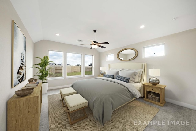 bedroom featuring light carpet, vaulted ceiling, visible vents, and baseboards