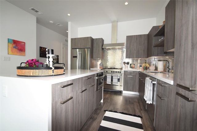 kitchen with sink, decorative backsplash, high end appliances, dark wood-type flooring, and wall chimney exhaust hood