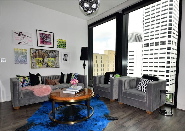 living room with dark hardwood / wood-style floors