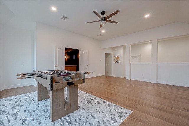 rec room featuring ceiling fan and light hardwood / wood-style flooring