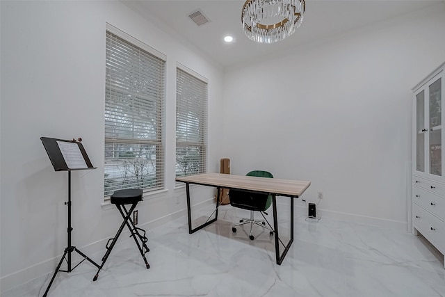 office space with an inviting chandelier