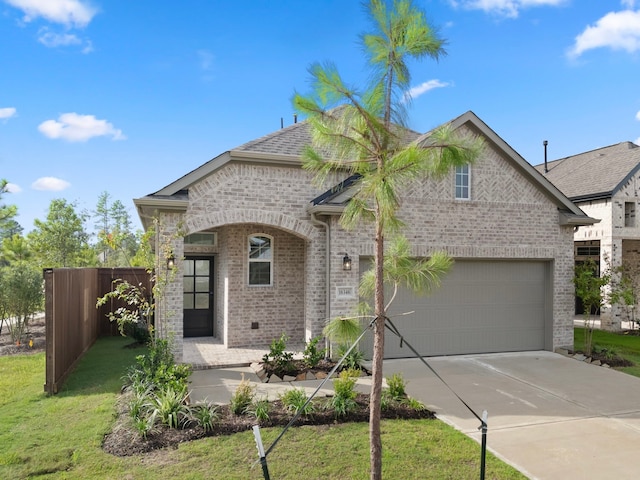 view of front of property featuring a garage and a front lawn