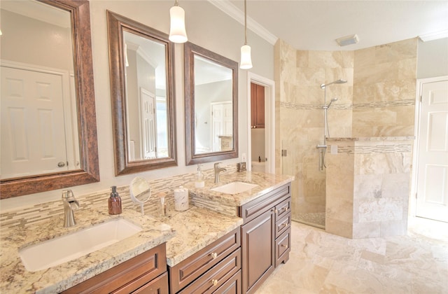 bathroom featuring crown molding, vanity, and a shower with shower door